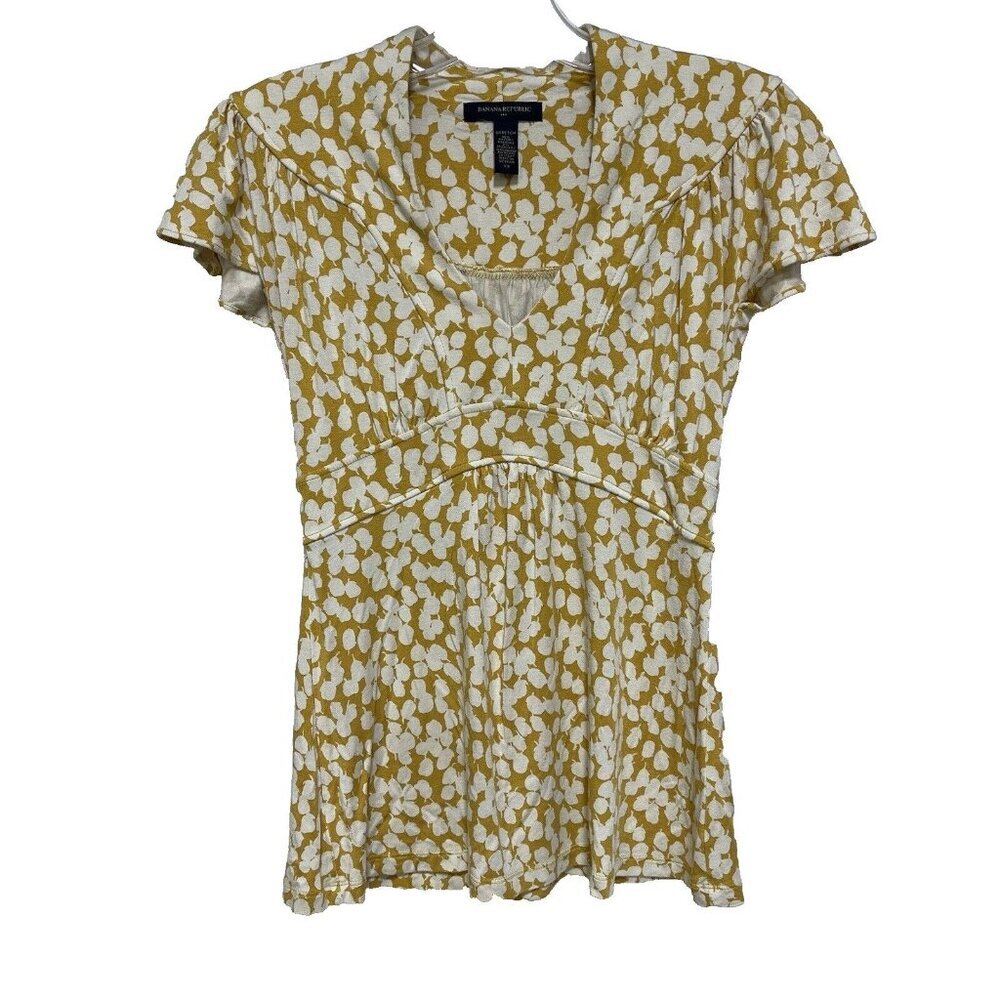 Banana Republic Womens XS Knit Top Yellow Pleated Plunge V-Neck Cap Sleeve